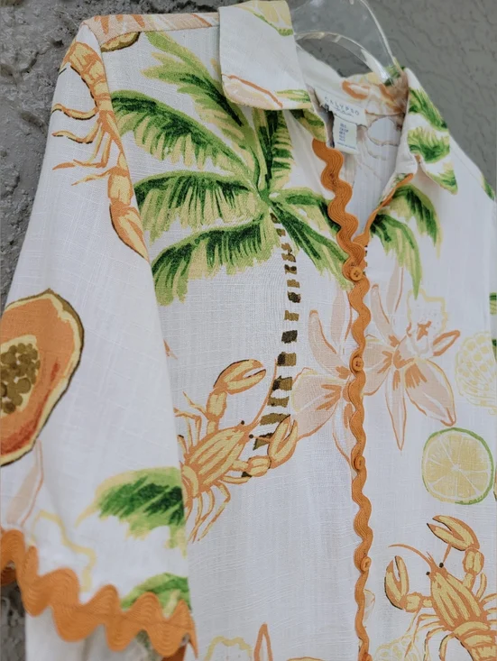 Calypso St Barts Linen Tropical Lobster Papaya Top Small boxy Relaxed - Picture 8 of 10